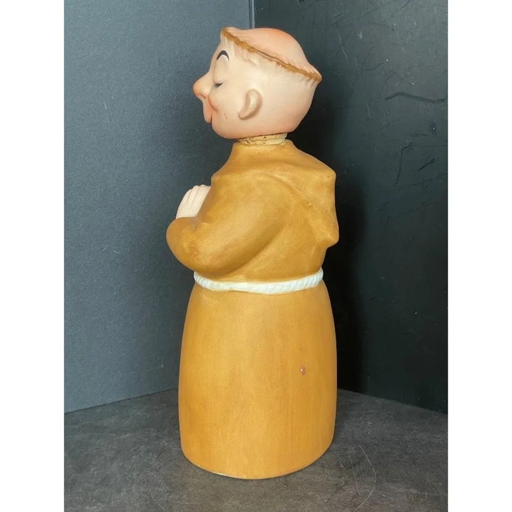Vintage Praying Friar Monk Ceramic Decanter and 5 Shot Glass Mugs Set Tan